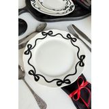 porselenden Fiyonk 4 Adet Kırık Beyaz Premium Porselen 27 Cm Servis Tabağı Takımı Siyah Kurdele Desenli