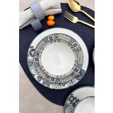 porselenden Leon 12 Parça 4 Kişilik Premium Porselen Yemek Takımı Lacivert Mavi Geometrik Desenli