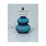 Porselian Boğumlu Çizgili Eskitme Görünümlü Dekoratif Vazo 14x13 cm Turkuaz-Mavi Salon Obje