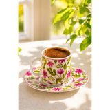 Porsima 0784 12 Parça Porselen Türk Kahve Fincan Takımı - Çiçek Desenli Kahve Fincan Seti - 90ML - 001 - Beyaz - 90 ml