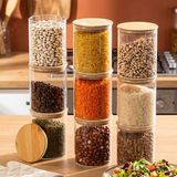 Porsima 1-3 Bambu Vakumlu Kapaklı Yuvarlak Borosilikat Cam 9lu Kavanoz Seti Saklama Kabı 750ML 10X12CM - Şeffaf - 750 ml