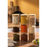 Porsima 1-3 Bambu Vakumlu Kapaklı Yuvarlak Borosilikat Cam 9lu Kavanoz Seti Saklama Kabı 750ml 10x12cm