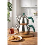 Porsima 1029-2 Damla Bakalit Kulp Orta Boy Paslanmaz Çelik Çaydanlık Takımı - Yeşil - 1.25-2.00LT