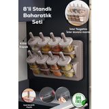 Porsima 1123 8Li Etiketli Asmalı Kendinden Yapışkanlı Tezgah Üstü Standlı Döner Kapaklı Baharatlık Seti