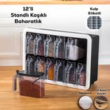 Porsima 1165 Simple Baharatlık Standlı 12 Li Kendinden Yapışkanlı Kaşıklı Kapaklı Baharatlık Takımı-Etiketli Baharatlık-