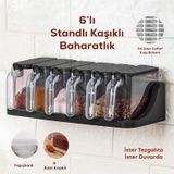 Porsima 1183 Standlı Kaşıklı Kapaklı Baharatlık Seti Siyah 6 'lı