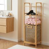 Porsima 120 cm Doğal Bambu Banyo Düzenleyici Raf - Katlanabilir Kirli Sepetli Çok Amaçlı Banyo Dolabı - Ahşap