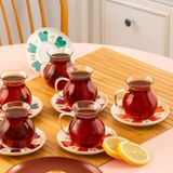 Porsima 17901 Beyoğlu 12 Parça 6 Kişilik Çay Seti – 210 ml Borosilikat Cam Kulplu Tombik Bardak ve Porselen Çay Tabağı Takımı