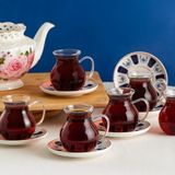 Porsima 17903 Laleli 12 Parça 6 Kişilik Çay Seti – 210 ml Borosilikat Cam Kulplu Tombik Bardak ve Porselen Çay Tabağı Takımı