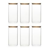 Porsima 2-3 Bambu Vakumlu Kapaklı Yuvarlak Borosilikat Cam 6lı Kavanoz Seti Saklama Kabı 1300ml 10x20cm