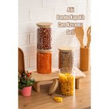 Porsima 2-4 Bambu Vakumlu Kapaklı Yuvarlak Cam 4lü Kavanoz Seti Saklama Kabı 1300ML 10X20CM - 1,3 lt - Şeffaf
