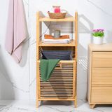 Porsima 2063 Ahşap Bambu Kirli Sepetli 2 Raflı Çok Amaçlı Banyo Düzenleyici Organizer Banyo Dolabı Kirli Çamaşır Sepeti Organizeri - Taş Gri