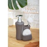 Porsima 277746 Tezgah Üstü Gri Sıvı Sabunluk Fırçalı Süngerli Porselen Sabunluk (550ML) 20cm