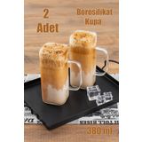 Porsima 2li Borosilikat Isıya Dayanıklı Meşrubat Latte Kahve Su Bardağı Sunumluk Cam Kupa Bardak Seti 380 ml