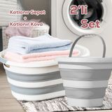 Porsima 2li Katlanır Temizlik Seti - Katlanır Sepet 25LT - Katlanır Kova 10LT - Açık Gri