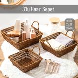 Porsima 303-C Kare 3'lü Hasır Sepet Dekoratif Ev Düzenleyici Kendinden Kulplu Hasır Sepet Seti Banyo Düzenleyici Sepet