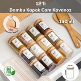 Porsima 3179 Vakumlu Bambu Kapaklı Cam Baharatlık Seti 12 Parça Şeffaf