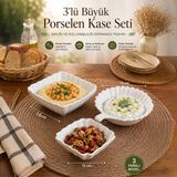 Porsima 3'Lü Beyaz Porselen Kase Seti 3 Farklı Model Salata, Meze Ve Tatlı Sunum Kasesi (15-16 Cm)