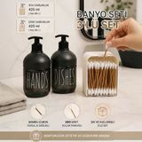 Porsima 3lü Mutfak Banyo Tezgah Üstü Temizlik Seti - 2li Cam Sıvı Sabunluk - 180 Adet Doğal Ahşap Bambu Kulak Çubuğu Siyah