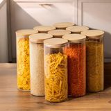 Porsima 4-3 Bambu Vakumlu Kapaklı Yuvarlak Borosilikat Cam 9lu Kavanoz Seti Saklama Kabı 2100ML 10X30CM - Şeffaf - 2,1 lt