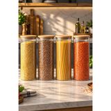 Porsima 4-4 Bambu Vakumlu Kapaklı Yuvarlak Cam 4lü Kavanoz Seti Saklama Kabı 2100ML 10X30CM - 2000 cc - Şeffaf