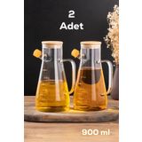 Porsima 401275 2'li Alisa Bambu Kapaklı Borosilikat Ölçekli Cam Yağlık Yağdanlık 900 ml