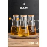 Porsima 401275 3'lü Alisa Bambu Kapaklı Borosilikat Ölçekli Cam Yağlık Yağdanlık 900 ml