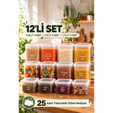 Porsima 433-4 12 li Kare Etiketli Gıda Erzak Baharat Saklama Kabı Seti 4x(0.50+1.10+1.75) Lt Şeffaf