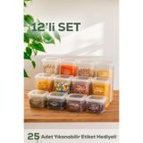 Porsima 433-4 12 li Kare Etiketli Gıda Erzak Baharat Saklama Kabı Seti 4x(0.50+1.10+1.75) Lt Şeffaf