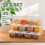 Porsima 433-4 12'li Kare Etiketli Gıda Erzak Baharat Saklama Kabı Seti 4x(0.60+1.30+1.90 lt) Şeffaf