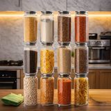 Porsima 4401 Bormio Metal Kapaklı 12LI Cam Kavanoz Seti Vakum Kapaklı Saklama Düzenleme Kabı Seti 1400ML - Şeffaf - 1,4 lt