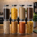 Porsima 4401 Bormio Metal Kapaklı 8li Cam Kavanoz Seti Vakum Kapaklı Saklama Düzenleme Kabı Seti 1400ML - Şeffaf - 1,4 lt