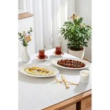 Porsima 4455 Burçak Porselen Altın Fileli Kayık Tabak Seti - Oval Kahvaltılık Sunumluk Seti 30Cm