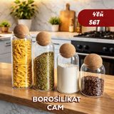 Porsima 4lü Ahşap Mantar Top Kapaklı Borosilikat Cam Kavanoz Seti Şekerlik Çerezlik Baharatlık Ve Saklama Kabı Renksiz
