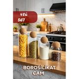 Porsima 4lü Ahşap Mantar Top Kapaklı Borosilikat Cam Kavanoz Seti Şekerlik Çerezlik Baharatlık Ve Saklama Kabı