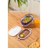 Porsima 66729-1 Stainless Steel Vakumlu Lunch Box İki Katlı Paslanmaz Çelik Kolay Kilitlenir Kendinden Kaşıklı Sefer Tası – 1300Ml Pembe-Lila