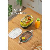 Porsima 66729-2 Stainless Steel Vakumlu Lunch Box İki Katlı Paslanmaz Çelik Kolay Kilitlenir Kendinden Kaşıklı Sefer Tası – 1300Ml Yeşil-Sarı