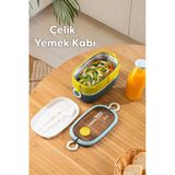 Porsima 66729 Stainless Steel Vakumlu Lunch Box İki Katlı Paslanmaz Çelik Kolay Kilitlenir Kendinden Kaşıklı Sefer Tası – 1300Ml Mavi-Sarı