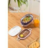 Porsima 66729 Vakumlu Lunch Box İki Katlı Paslanmaz Çelik Kolay Kilitlenir Kendinden Kaşıklı Sefer Tası, Pembe