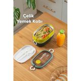 Porsima 66729 Vakumlu Lunch Box İki Katlı Paslanmaz Çelik Kolay Kilitlenir Kendinden Kaşıklı Sefer Tası, Yeşil