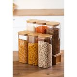 Porsima 7-3 Bambu Vakumlu Kapaklı Kare Borsilikat Cam 6lı Kavanoz Seti Saklama Kabı 1900ml 9,5x27cm Ahşap - Şeffaf