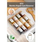 Porsima Cam 12'li Vakumlu Bambu Kapaklı Baharatlık Seti Takımı, Saklama Kabı Etiketli (150ML) 3179