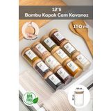 Porsima Cam 12'li Vakumlu Bambu Kapaklı Baharatlık Seti Takımı, Saklama Kabı Etiketli (150ML)