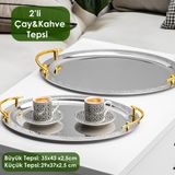 Porsima Elit Premium 2'Li Paslanmaz Çelik Kahve Tepsisi Gümüş Tepsi Gold Detaylı Dekoratif Servis Sunum Tepsisi