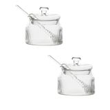 Porsima LM-0018 Kaşıklı Kapaklı Cam 2li Şekerlik Sunumluk Seti Bal ve Reçel Kavanozu Saklama Kabı 200ML