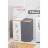 Porsima Mio-103 Bambu 2 Bölmeli Banyo Kirli Çamaşır Sepeti Banyo Düzenleyici Sepet 59X53,5 cm