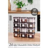 Porsima Org-430 12li Etiketli Kare Baharatlık Bakliyat Erzak Saklama Kabı Seti Siyah 600 ml