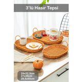 Porsima Oval 3'lü Dekoratif Ev Mutfak Düzenleyici Kulplu Hasır Sepet Seti Hasır Tepsi 708-A