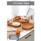 Porsima Oval 3'lü Dekoratif Ev Mutfak Düzenleyici Kulplu Hasır Sepet Seti Hasır Tepsi 708-D