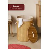 Porsima Pbt-052 Kapaklı Kirli Çamaşır Sepeti Yuvarlak - Bambu Kirli Çamaşır Sepeti 36*36*49,5